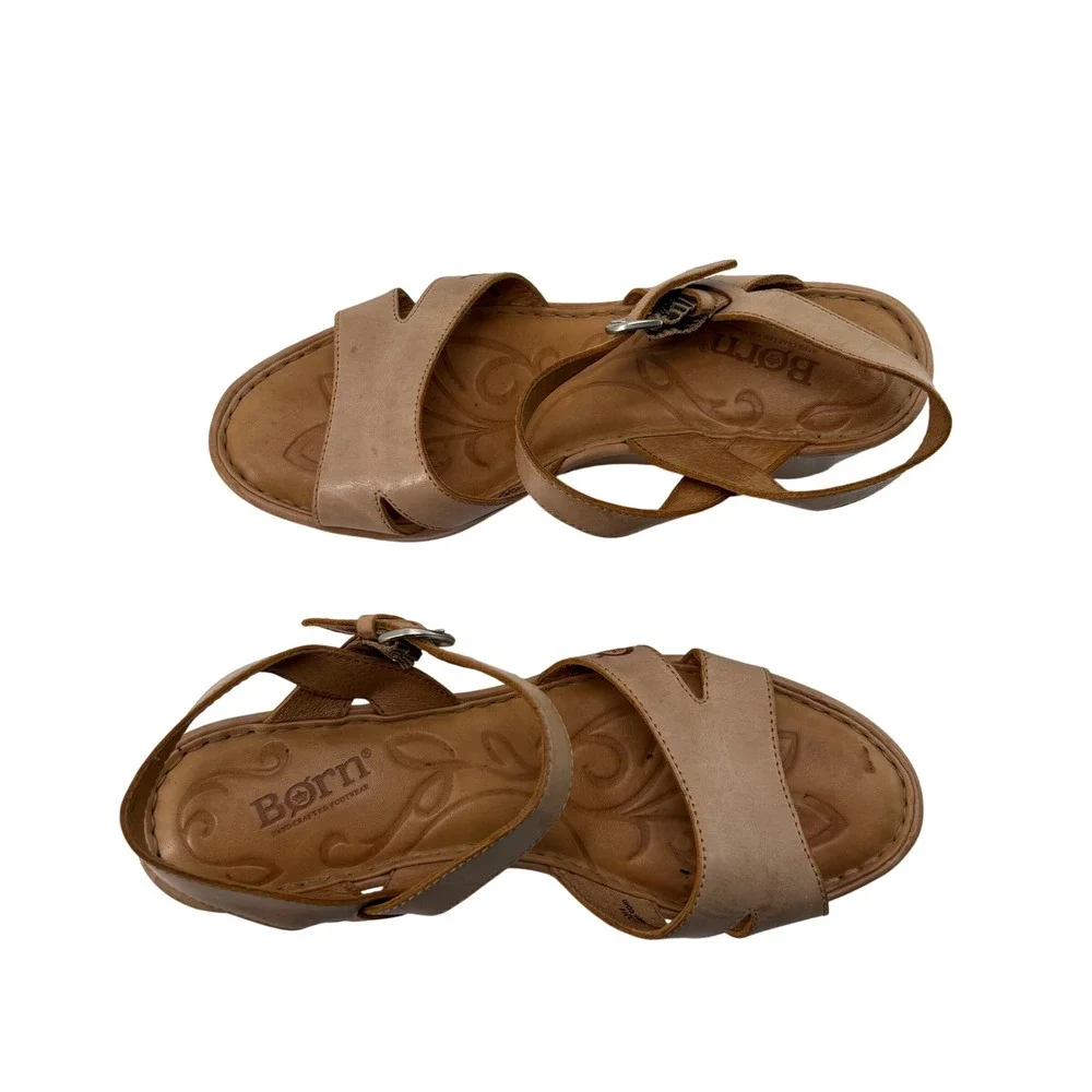 Born Tan Leather Platform Wedge Sandals Slingback Buckle D58341 Womens 7M